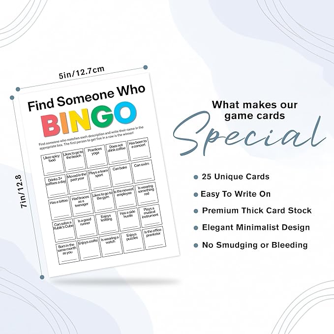 Sahjzk Office Bingo Cards, 25 Unique Randomized 5x7 Sheets, Get to Know You Bingo Game for Adults, Ice Breaker Office Party Games, Team Building Games for Work, High Replay Value - A03
