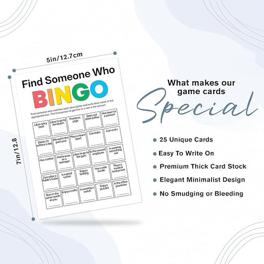 Sahjzk Office Bingo Cards, 25 Unique Randomized 5x7 Sheets, Get to Know You Bingo Game for Adults, Ice Breaker Office Party Games, Team Building Games for Work, High Replay Value - A03