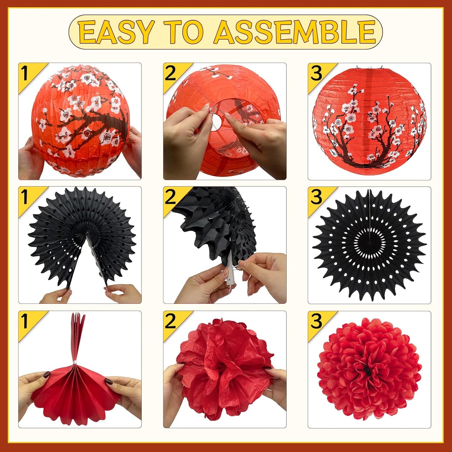 14Pcs Hibachi Party Decorations, Japanese Lanterns with Cherry Blossom Patterns Tissue Paper Pom Poms Circle Dots Garland Happy Birthday Banner Set for Japanese party decorations