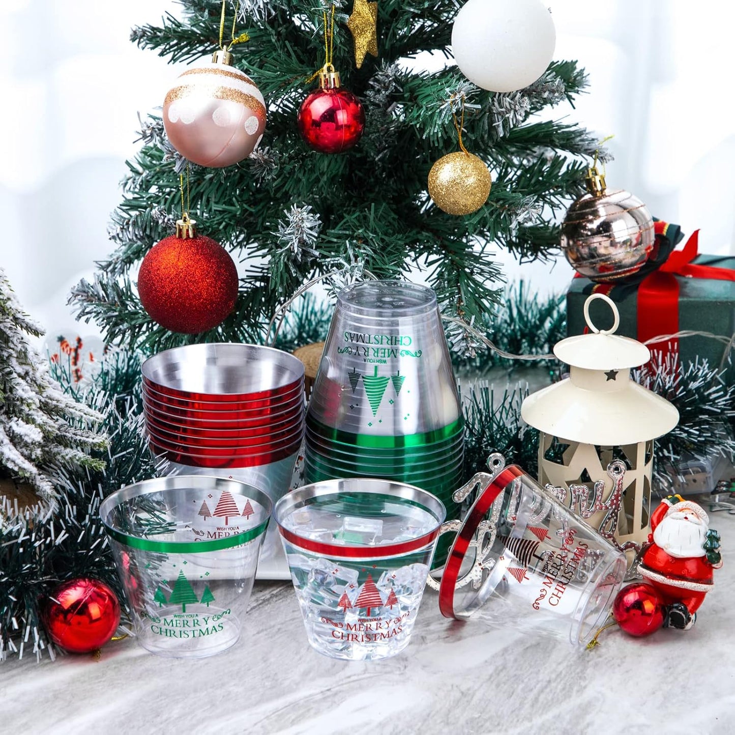 LUODA 9OZ 2024 New Merry Christmas Party Cups(60 Pack),Christmas Disposable Decoration Cups Including:30 Red Christmas Tree Plastic Cups & 30 Green Christmas Tree Plastic Cups
