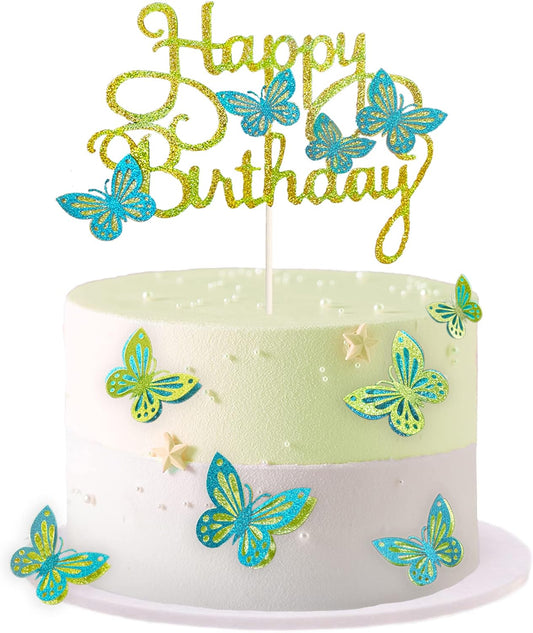 13-Piece Butterfly Cake Toppers - 3D Cupcake Toppers for Girls & Women's Birthdays (Greenish Blue)