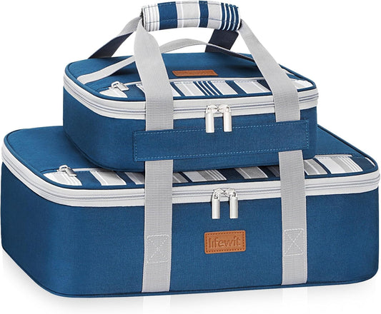 Lifewit Duo Insulated Casserole Carrier for Hot or Cold Food, Lasagna Holder 2 Compartments, Thermal Lunch Tote for Potluck Parties Cookouts, Fits 9"x13" Casserole Dish, Blue