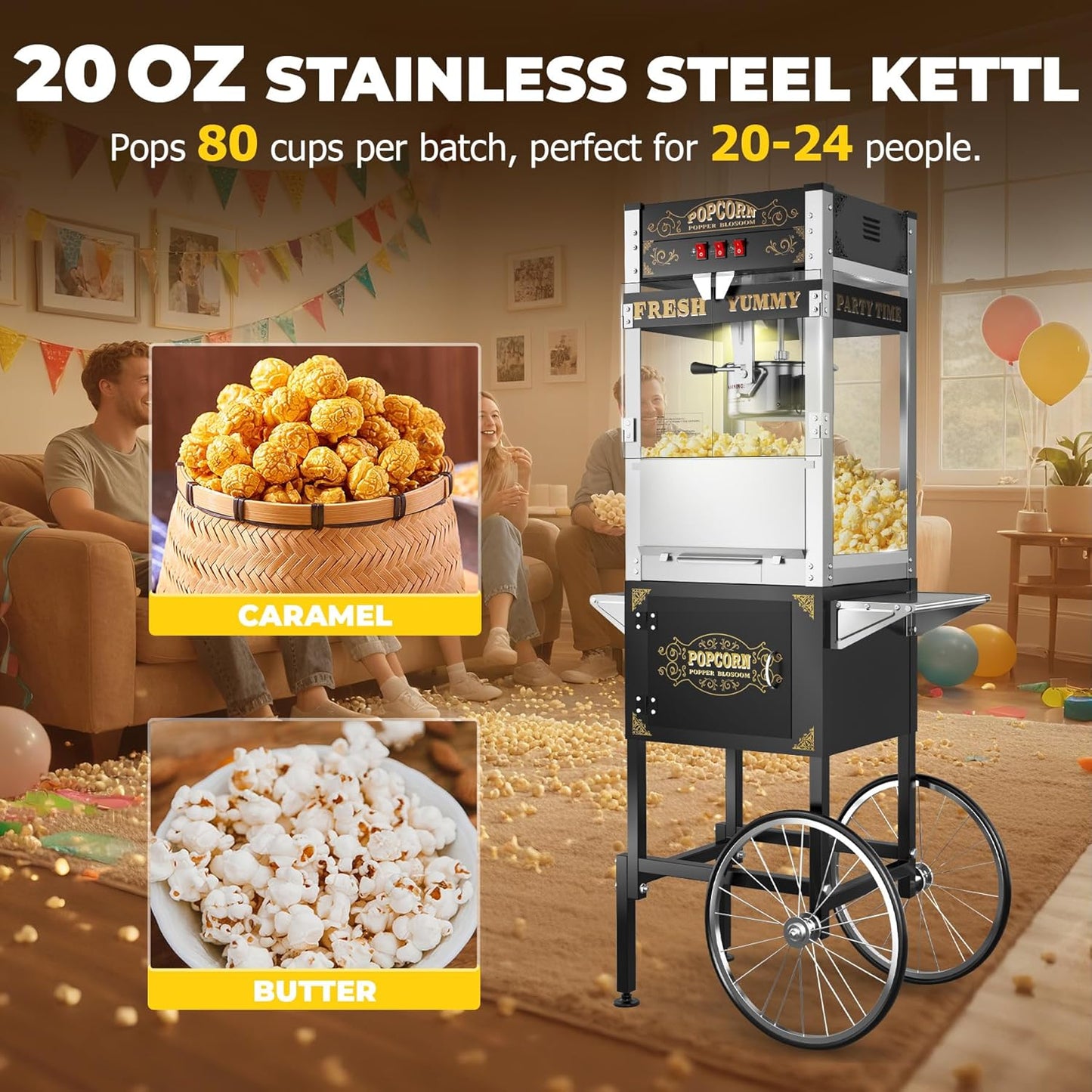 2025 Upgraded 20 oz Popcorn Machine Cart, Popcorn Maker Machine with Stainless-Steel Kettle Makes Up to 80 Cups, Movie Theater Pop Corn Machine with 3-Switch Control & Tempered Glass Doors, Black