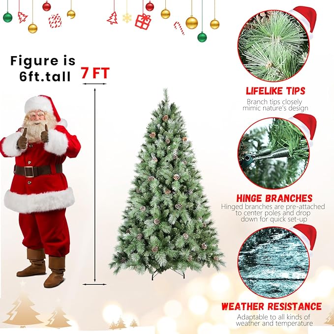 7FT Frosted Christmas Tree with 82 Pine Cone & Pine Needles, Premium Unlit Artificial Christmas Tree with 1348 Branch Tips, Realistic Hinged Xmas Trees with Metal Stand for Holiday Decoration