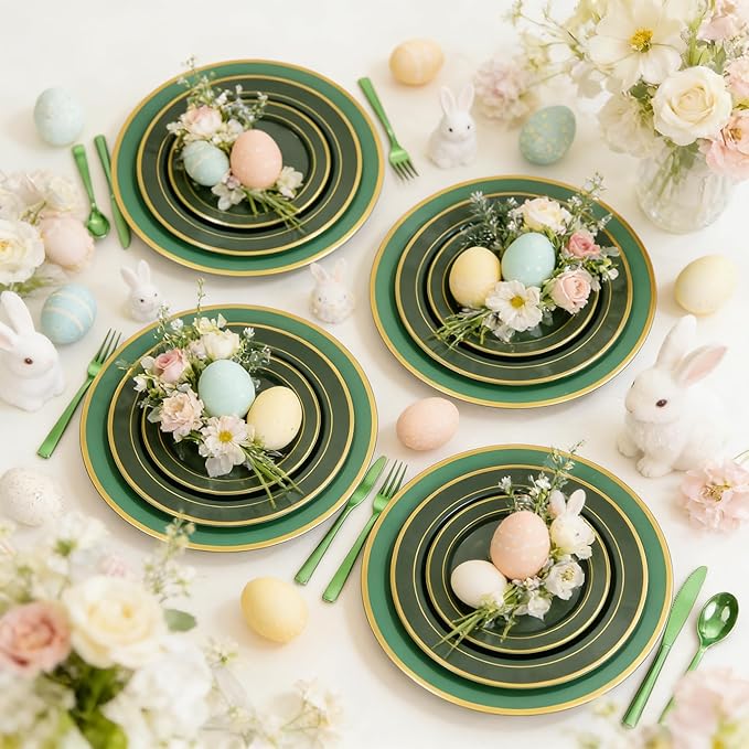 WDF 25PCS Green Plastic Charger Plates - 12inch Green and Gold Chargers for Dinner - Disposable Charge Plates - Perfect for Party Elegant Tabletop Decor St. Patrick's Day Easter