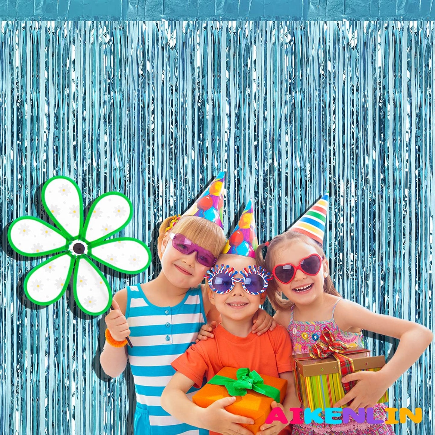 4 Pack 3.3Ft x 6.6Ft Light Blue Foil Fringe Curtain Backdrop, Metallic Tinsel Foil Fringe Streamers Curtains Background for Photo Booth, Birthday, Wedding, Halloween, Christmas Party Decoration