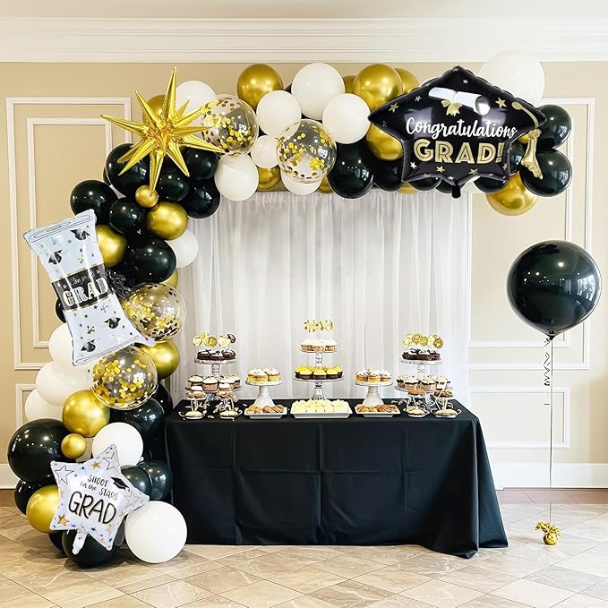 Graduation Balloon Arch Garland Kit 2026, Black Gold Confetti White Graduation Decorations with Foil Grad Cap Diploma Star Balloons for Congrats Class of 2026 Graduates Celebrations Party Decorations