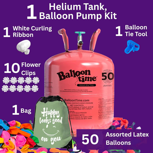Blue Ribbon Balloon Time Disposable Helium Tank 14.9 cu.ft - 50 Latex Balloons + Balloon Tying Tool + Curling Ribbon