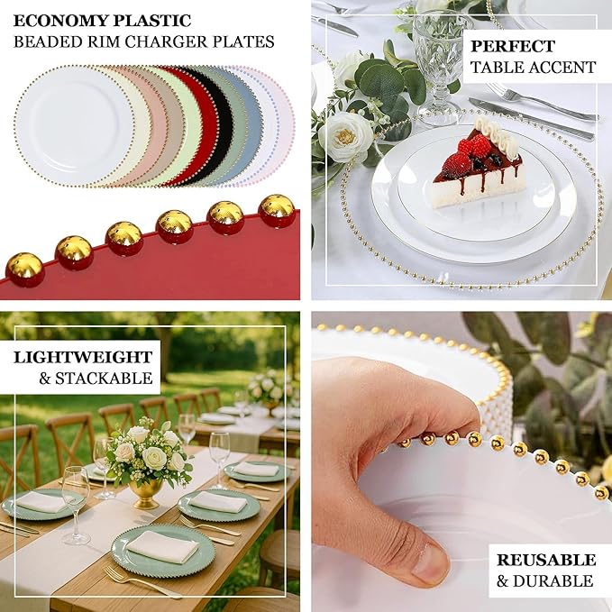 Efavormart 10-Pack Economy Plastic Charger Plates 13" Round Clear/Gold Glitter with Beaded Rim - Stylish Dinner Party Serving Plates