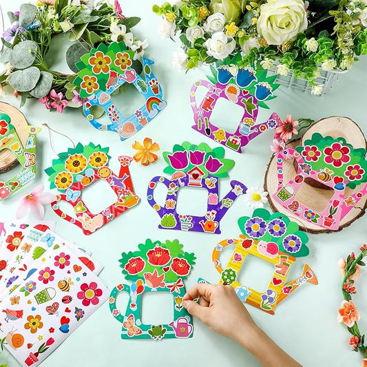 Jetec 48 Sets Spring Watering Can Picture Frames Craft Kit DIY Photo Frames Sticker Craft Make Your Own Paper Picture Frame for Home Activities Party Favors Decorations(Classic Color)