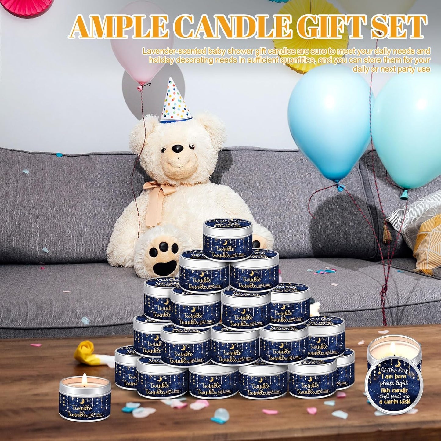 MTLEE 24 Pcs Twinkle Little Star Baby Shower Party Favors Candles Lavender Scented Baby Shower Favors for Guests Rustic Tealights Candles Gender Reveal Return Gifts Girl Boy(1.2 Oz, Blue)