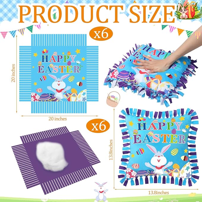 Mindsoft 6 Sets Easter Bunny Fleece Tied Pillow Craft Kits – DIY Easter Decor, No Sewing Required, Colorful Rabbit & Egg Design, Home Activity, Gift for Spring Party