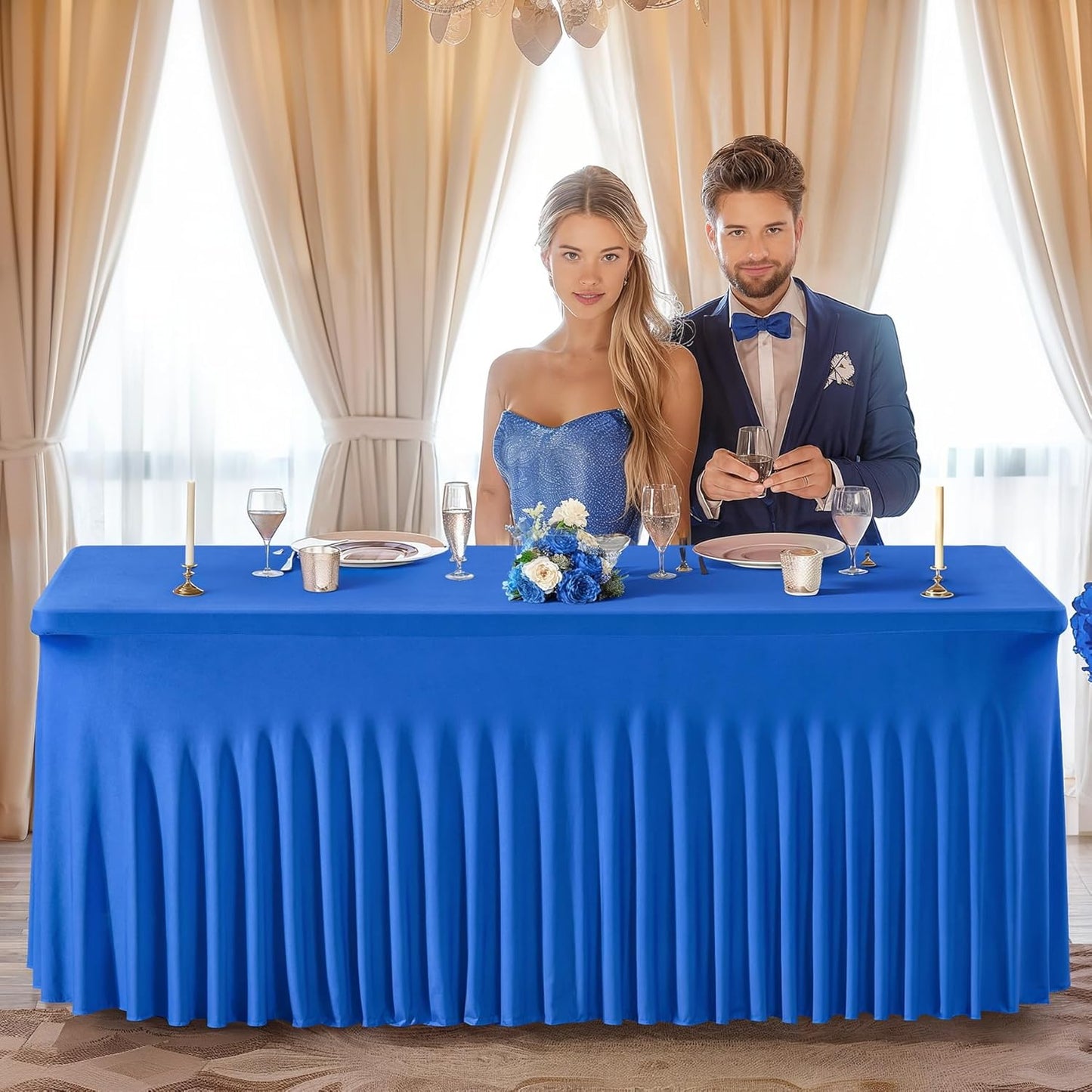 PARTISKY Royal Blue Spandex Tablecloth for 4ft Rectangle Tables, Stretchable Table Cover Skirt for Folding Tables Weddings Parties Banquets Events Trade Shows and Dessert Table