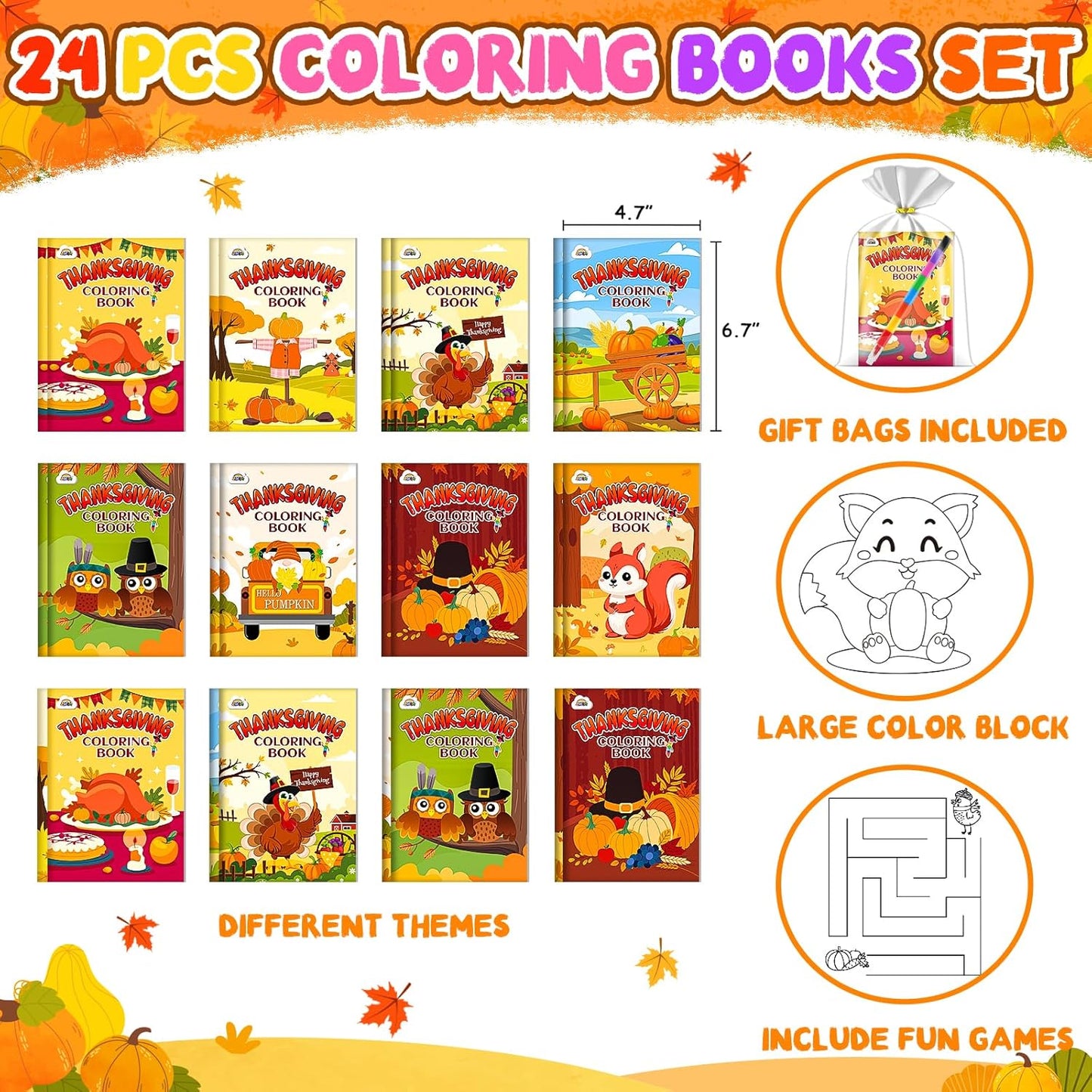 ZMLM 24 Coloring Books for Kids Party Favors: Bulk 24 Crayons Mini Coloring Books for Kids Ages 4-8 Birthday Goodie Bags Stuffers Toddlers Return Gifts Classroom Prizes Teacher Crafts (Thanksgiving)