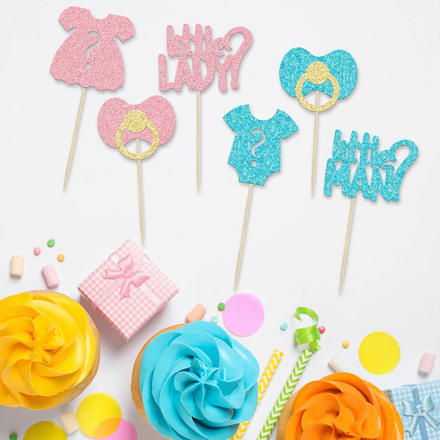 24Pcs Boy or Girl Cupcake Toppers Glitter Gender Reveal Onesie Question Mark Cupcake Picks Little Man or Little Lady Baby Shower Cake Decorations for Kids Birthday Gender Reveal Party Cake Decoration