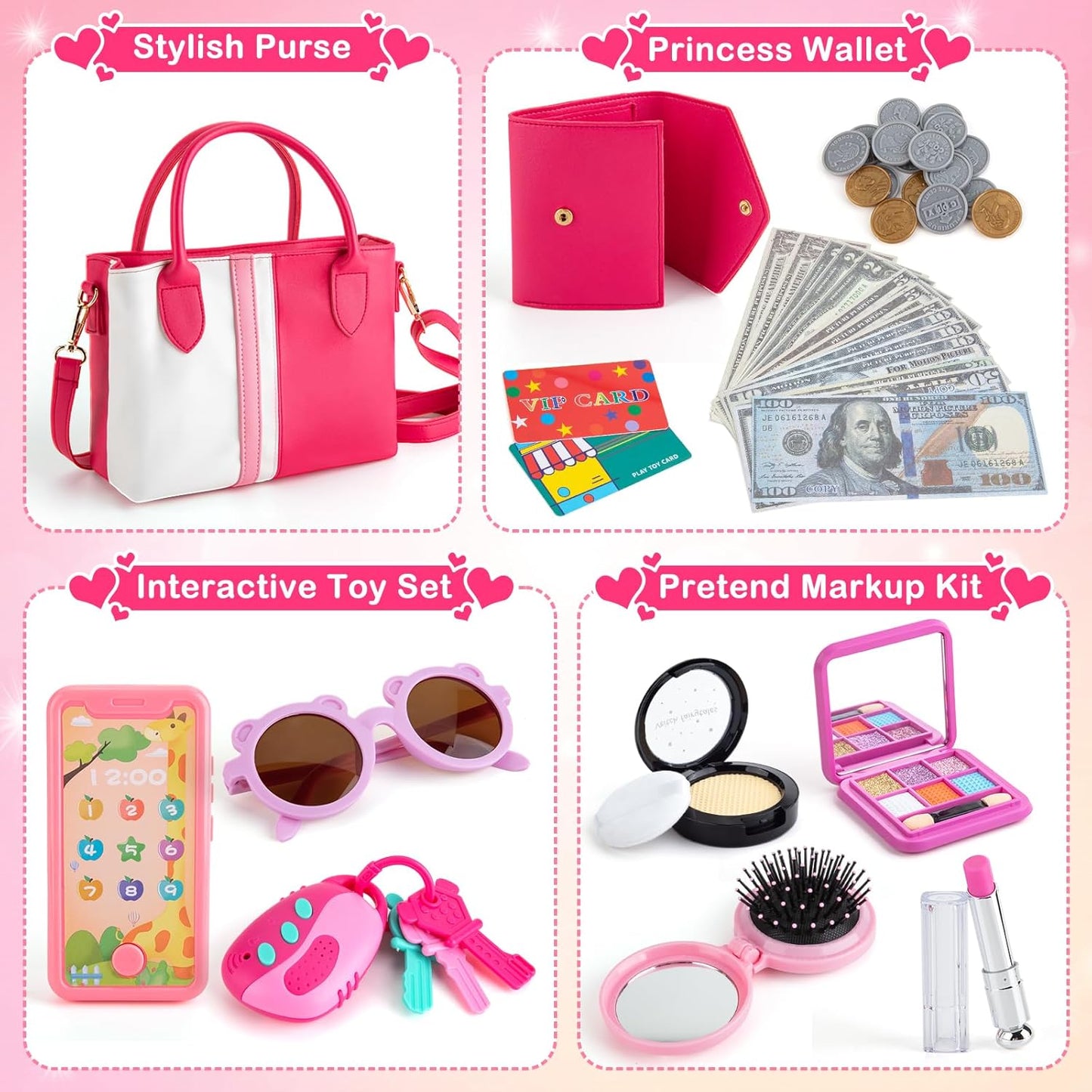 Juboury Play Purse for Little Girls, Pretend Play Accessories with Wallet, Toy Phone, Credit Card, Keys, Princess Pretend Makeup Girl Toys for 3 4 5 6 7 8 Years Old