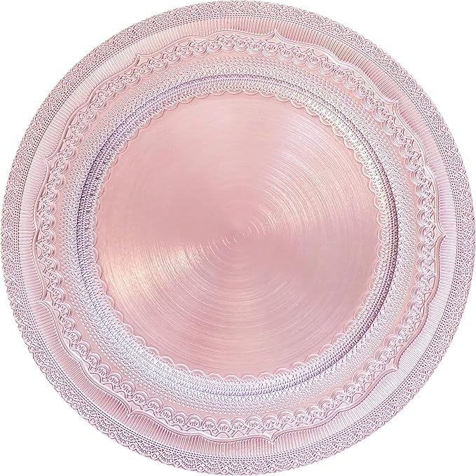 13" Foil-Pink Charger Plates, Lace Embossed Elegant Charger Plate Set of 6, Round Server Ware Chargers for Dinner Plate, Reusable Bulk Table Setting for Party or Event
