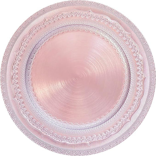 13" Foil-Pink Charger Plates, Lace Embossed Elegant Charger Plate Set of 6, Round Server Ware Chargers for Dinner Plate, Reusable Bulk Table Setting for Party or Event