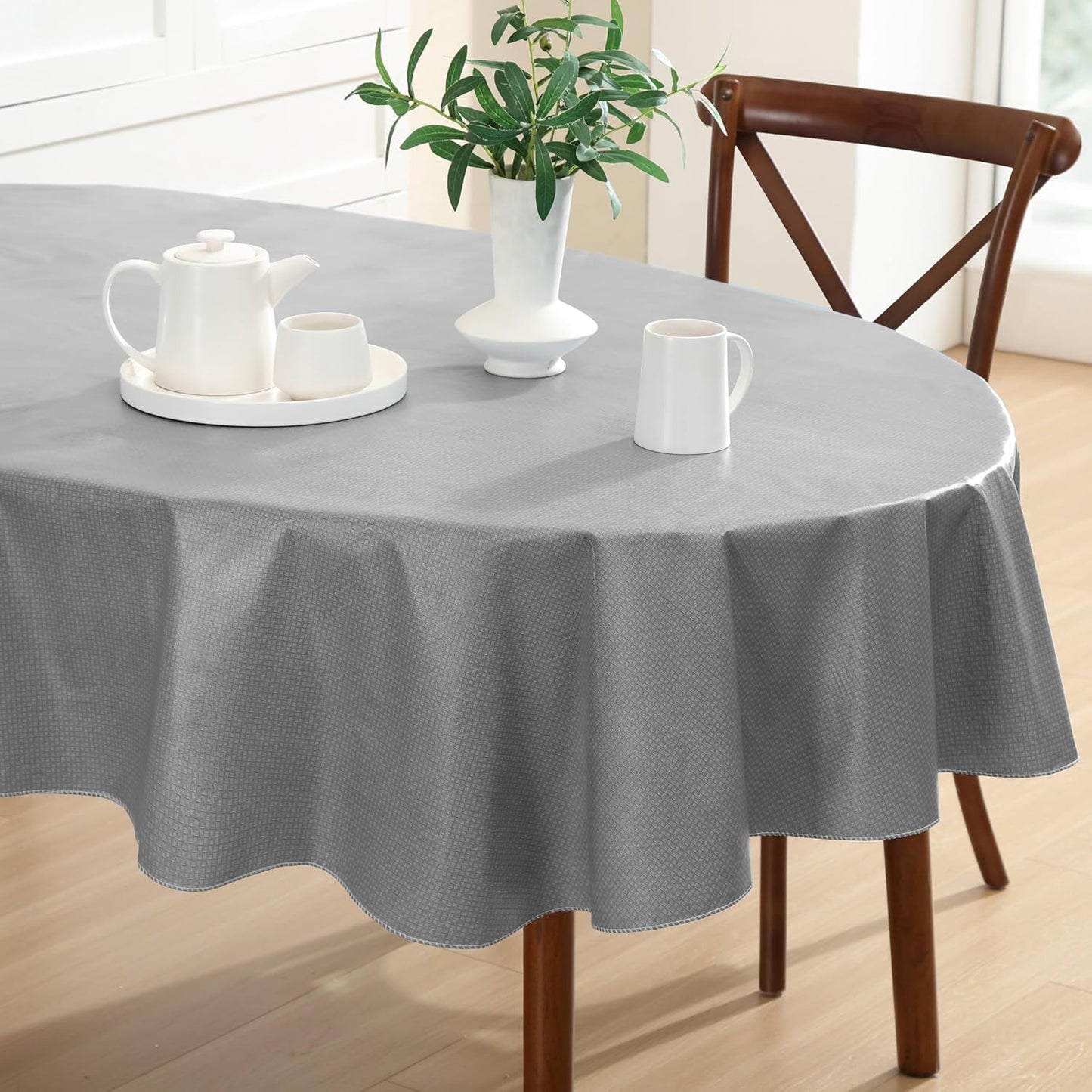 Newbridge Basketweave Vinyl Flannel Backed Tablecloth, 60 x 84 Inch Oval, Grey, Basket Weave Textured Indoor Outdoor Waterproof Table Cover for Patio, Kitchen, Dining