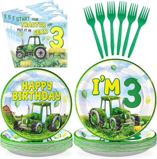Grencian 96Pcs Tractor Birthday Party Decorations Tractor 3rd Birthday Party Plates Disposable Green Tractors Paper Tableware Set for Kids Boys 3 Years Old Supplies Serves 24