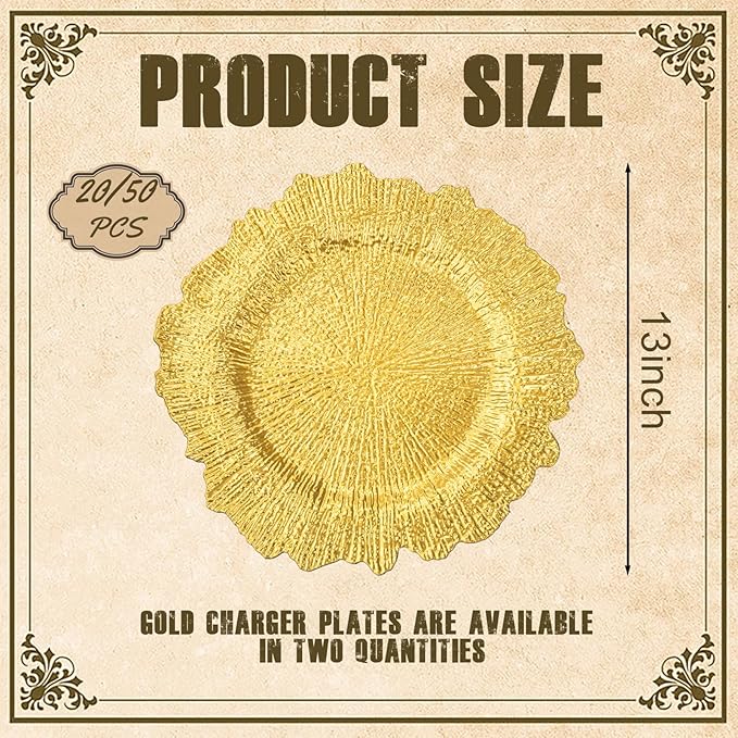 20pcs Gold Charger Plates,13 Inch Charger Plates Bulk,Round Ruffled Rim Chargers for Dinner Plate,Disposable Chargers Plate for Wedding,Party