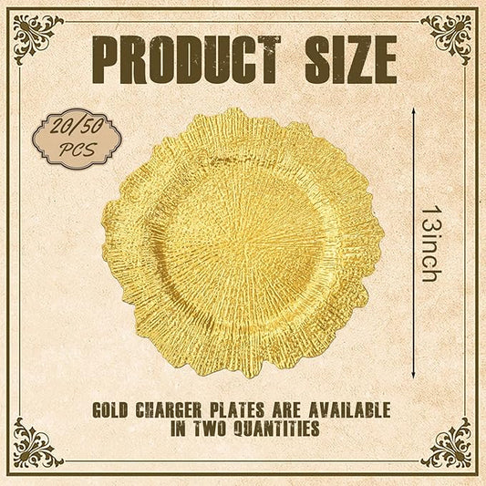 20pcs Gold Charger Plates,13 Inch Charger Plates Bulk,Round Ruffled Rim Chargers for Dinner Plate,Disposable Chargers Plate for Wedding,Party