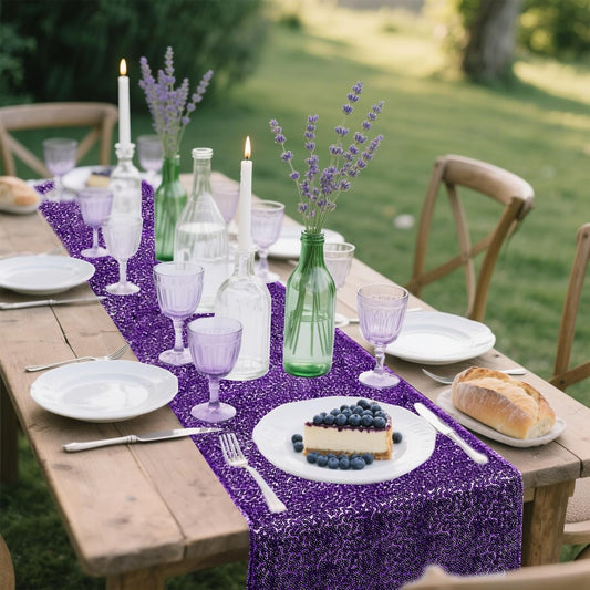 10 Packs 12 x 72 inches Sequin Table Runner, Purple Glitter Table Runner for Birthday Party Supplies Wedding Engagement Baby Shower Holiday Celebration Event Decorations