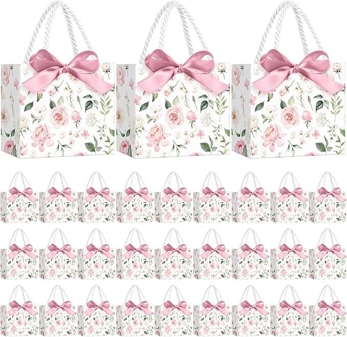 Moinchore 30 Pcs Pink Floral Paper Gift Bags with Ribbon Handles, 5.5 x 4.7 x 2.5 in Medium Decorative Favor Bags for Baby Shower, Bridal Party, Wedding, Birthday, Candy, Snacks and Small Gifts