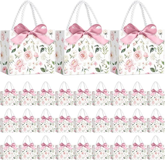 Moinchore 30 Pcs Pink Floral Paper Gift Bags with Ribbon Handles, 5.5 x 4.7 x 2.5 in Medium Decorative Favor Bags for Baby Shower, Bridal Party, Wedding, Birthday, Candy, Snacks and Small Gifts