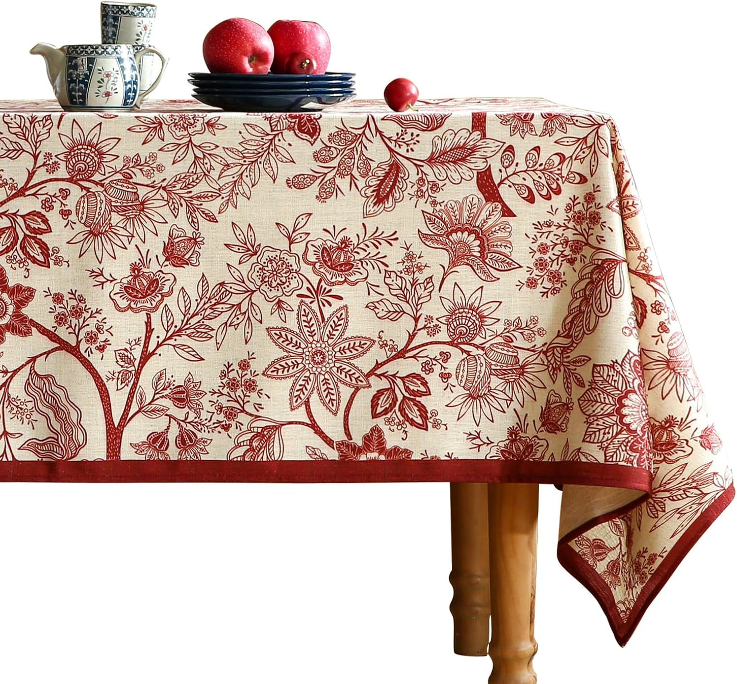 ISAENNE Designer French Linen Long Rectangle Tablecloth,Red Floral Washable Indoor Table Cloth,Durable Home Decor Tablecloths for Dining Thanksgiving Kitchen Party Christmas,63"*94"-Ruyi A