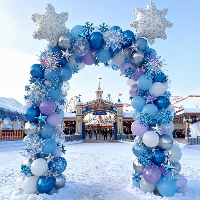 Purple Blue Balloon Garland 135pcs, Pearl Light Purple Blue White Silver Snowflake Balloon Arch with Foil Snow Iridescent Star Balloons for Winter Wonderland Baby Shower Birthday Christmas Party Decor