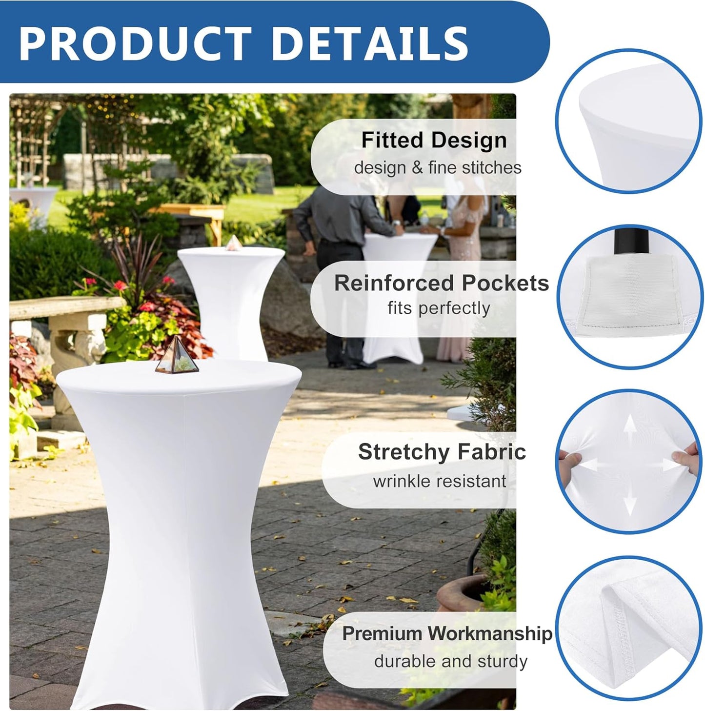 Cocktail Table Covers-Spandex Round High Top Table Cloths 4 Pack 32x43 Inch-White Stretch Fitted Bar Tall Tablecloth for Pub Bistro Highboy Party Event Banquet Height Folding Satnding Tables