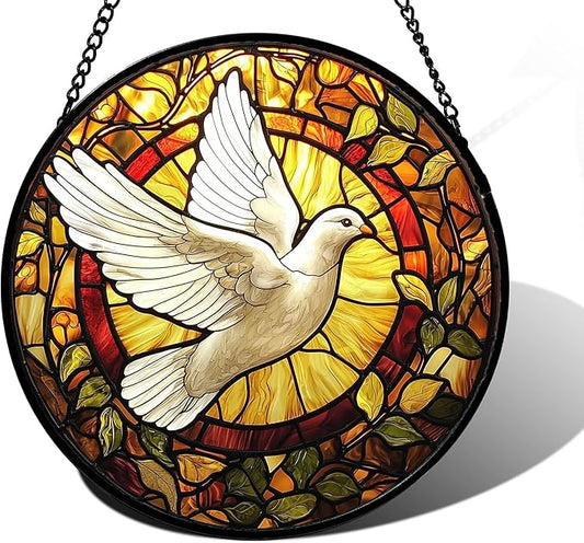 Stained Glass Window Hanging, Flying White Dove Sun Catchers Diamond Glass Panel Hangings Cute Birds Suncatcher Decor for Birthday for Women, Men, Wife, Aunt, and Mom 6.3 in