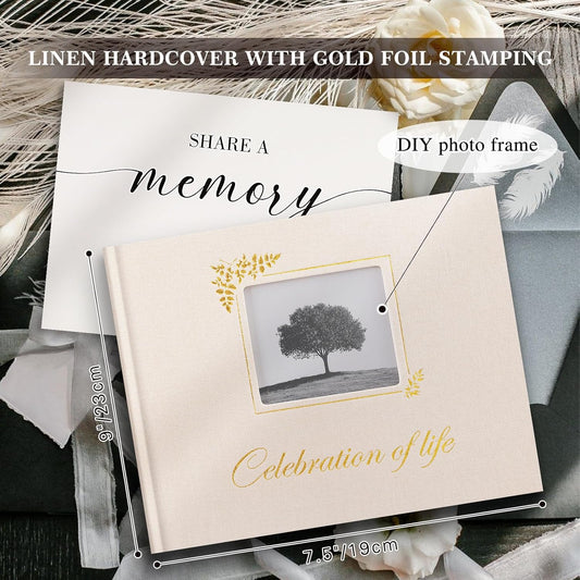 Lanpn Funeral Guest Book for Memorial Service, Linen Celebration of Life Registry Guest Book with Open Window, Memory Book for Funeral with Table Sign, Funeral Favors Sign in Books for Guests, Beige