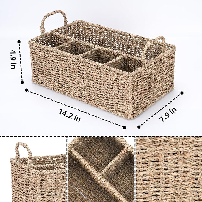 Wicker Party Silverware Caddy, Handwoven Seagrass Cutlery Utensil Holder with Handles, Kitchen Countertop and Picnic Flatware Organizer