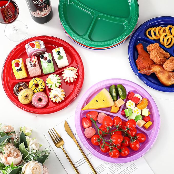 50 Pcs 10 Inch Plastic 3 Compartment Divided Plates Heavy Disposable Plates Duty Round Dinner Plates with Dividers for Wedding Birthday Party Dinnerware(Multicolor)