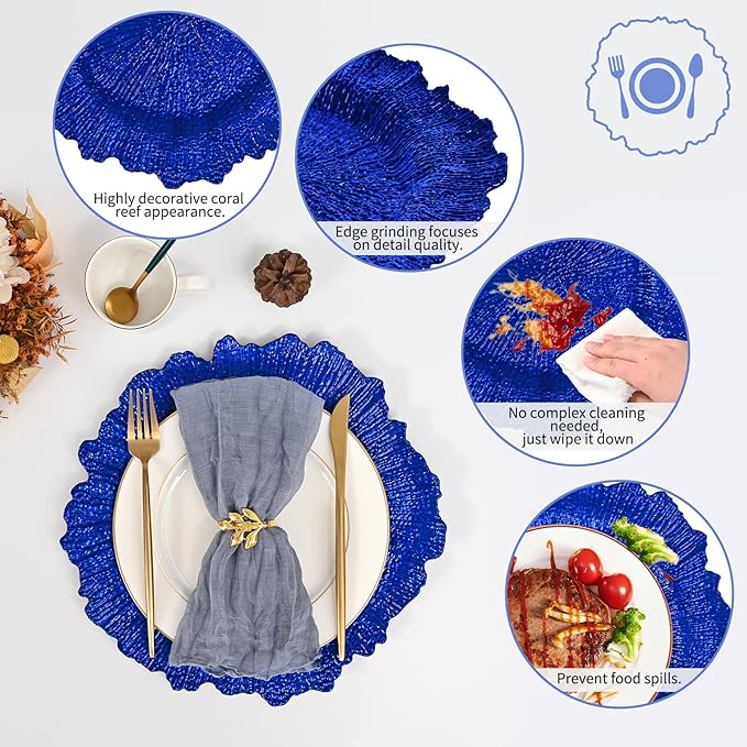 Pesonlook 24Pcs Royal Blue Charger Plates Round 13inch, Reef Plate Chargers for Dinner, Bulk Plastic Floral Table Charger Plates for Dinner Wedding Party Event Table Setting Decoration(Royal Blue)