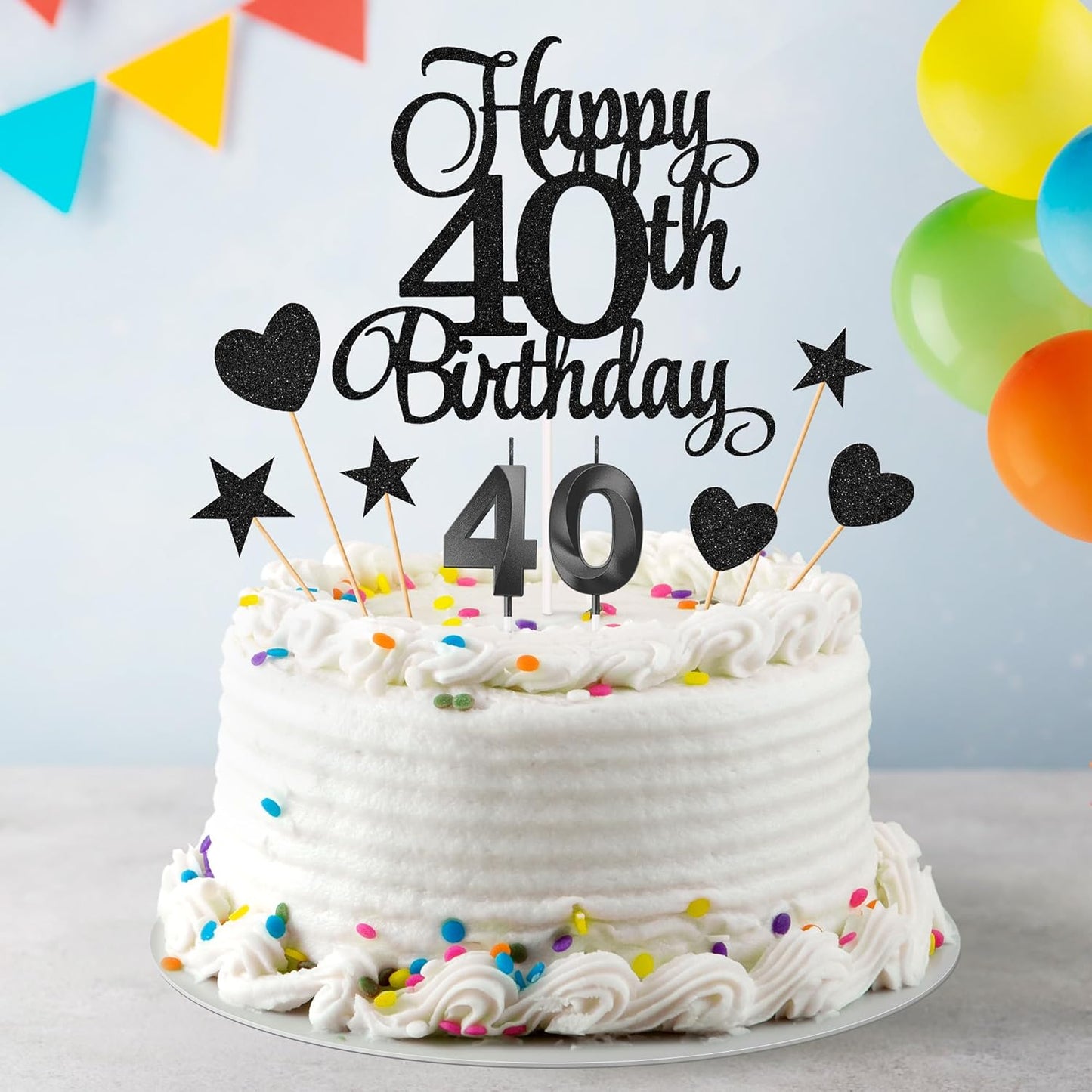 40th Birthday Cake Decorations, 40th Birthday Candles Cake Numeral Candles and Glitter Happy 40th Birthday Cake Toppers Set for Birthday Party Supplies (Black)