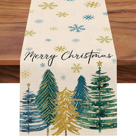 Xmas Trees Snowflakes White Merry Christmas Table Runner, Winter Holiday Kitchen Dining Table Decoration for Home Party Decor 13x72 Inch