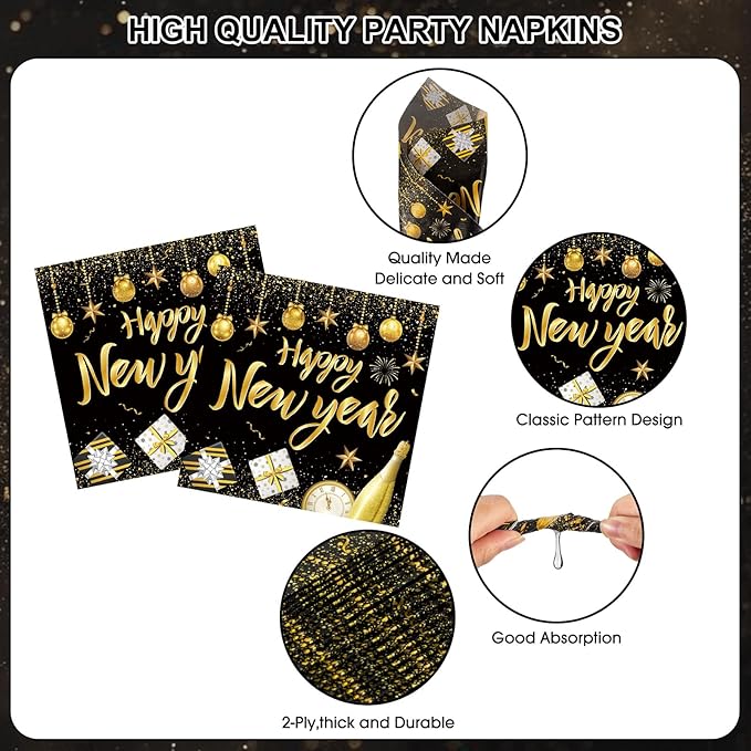 82 Pcs New Years Eve Party Supplies 2026 Set - Black Gold Happy New Year Decorations Kit, Including New Year Plates Napkins Cups Tablecloth and Banner for 2026 Happy New Years Party Decor Supply Favor