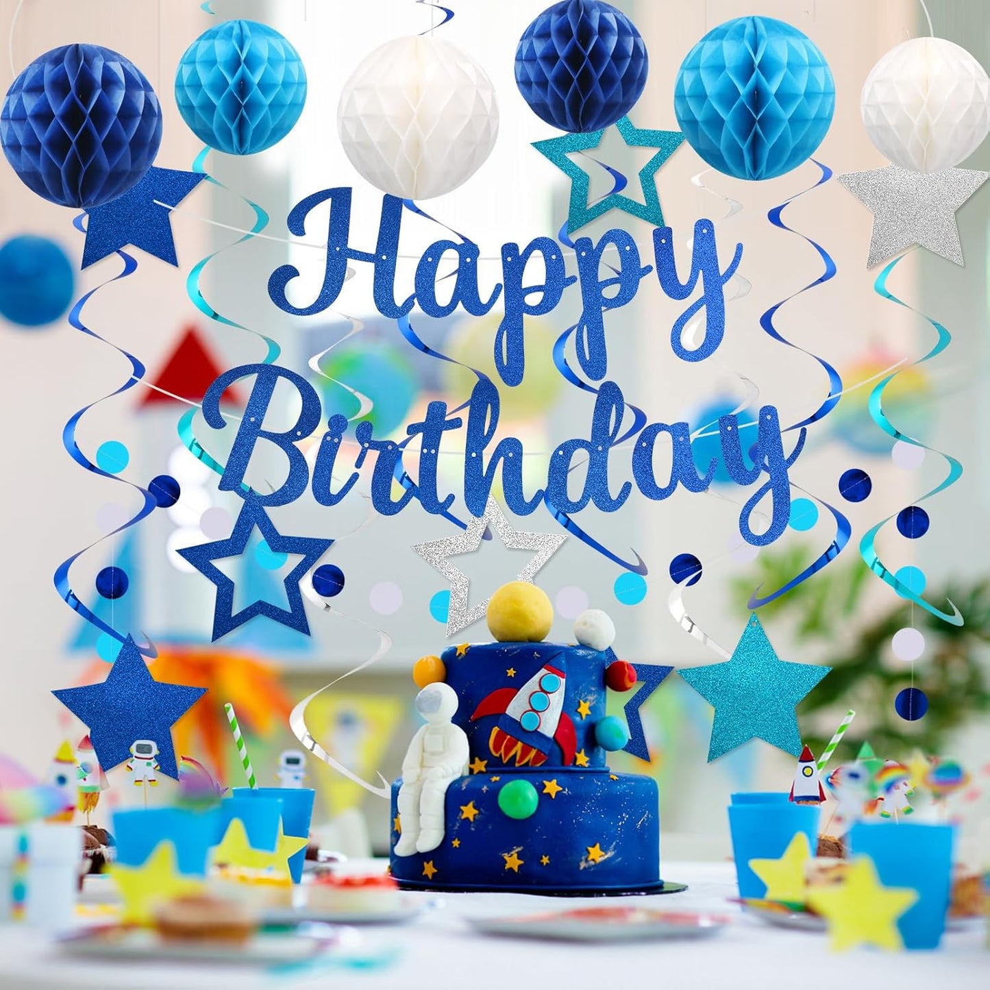Birthday Decorations, NO DIY, Pre-Strung Happy Birthday Banner with Honeycomb Balls, Hanging Swirls, Circle Dots Garland, Party Decorations for Women Men Boys Girls (Blue)