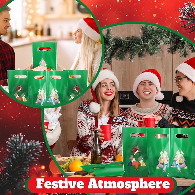 Supervitae 100 Pcs Christmas Tree Plastic Gift Bags with Transparent Window & Handles Christmas Party Favor Bags Bulk for Xmas Snacks Goodie Candy Treat Party Supplies