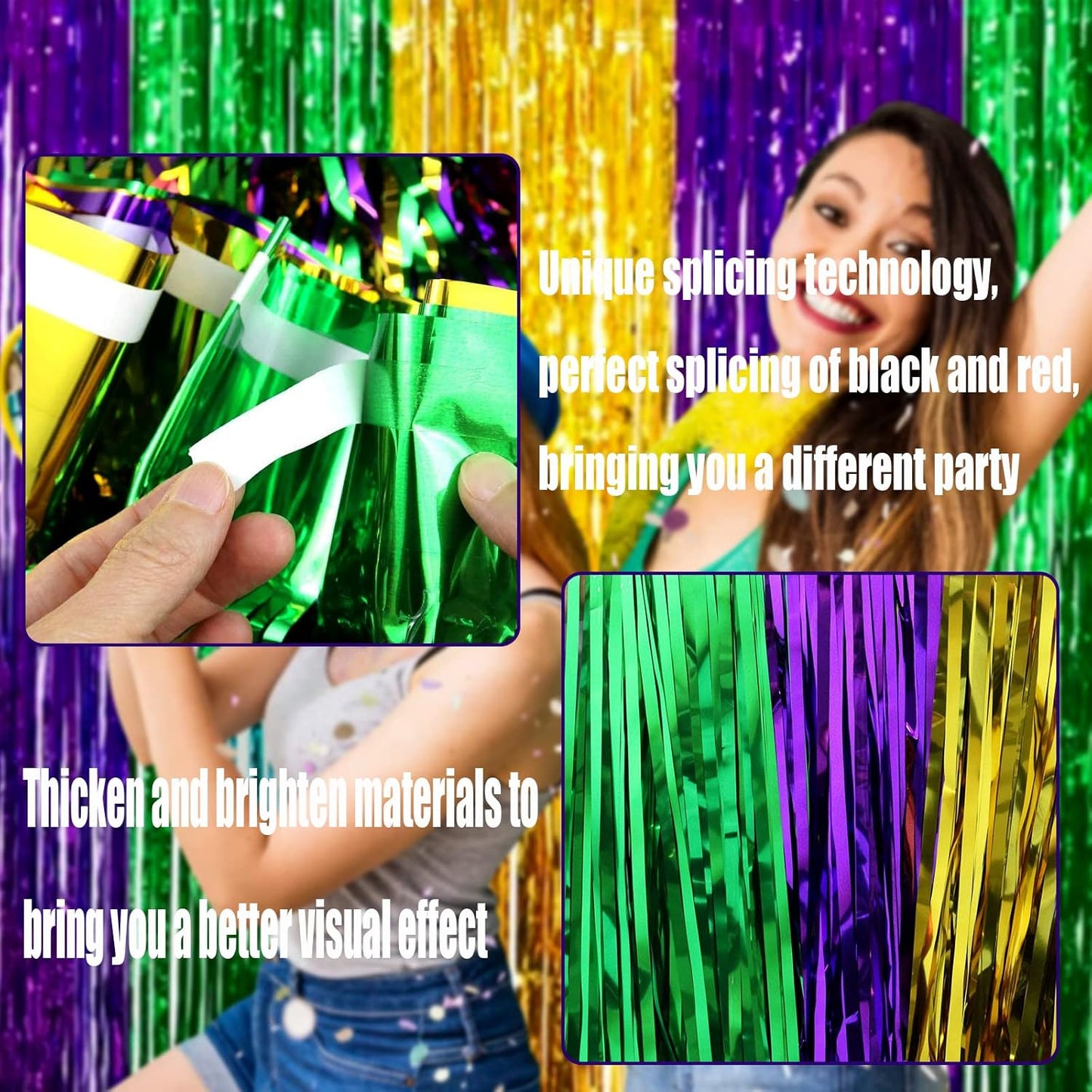 4 Pack Mardi Gras Foil Fringe Curtain Backdrop, 3.28Ft x 6.56Ft Gold Green Purple Metallic Tinsel Foil Fringe Streamers Curtains for Photo Booth, Wedding, Birthday, Carnival Party Decoration