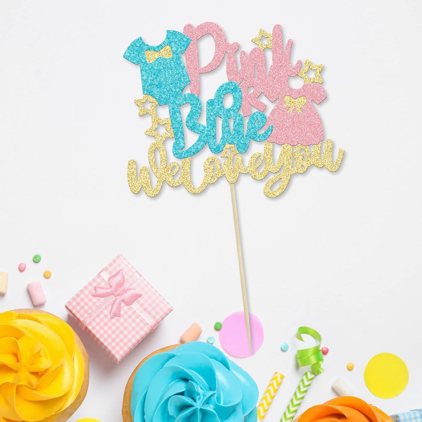 1Pc Pink or Blue Cake Topper with Glitter Onesie Dress We Love You Cake Pick Gender Reveal Cake Decorations for Baby Shower Gender Reveal Theme Kids Boys Girls Birthday Party Decoration Supplies