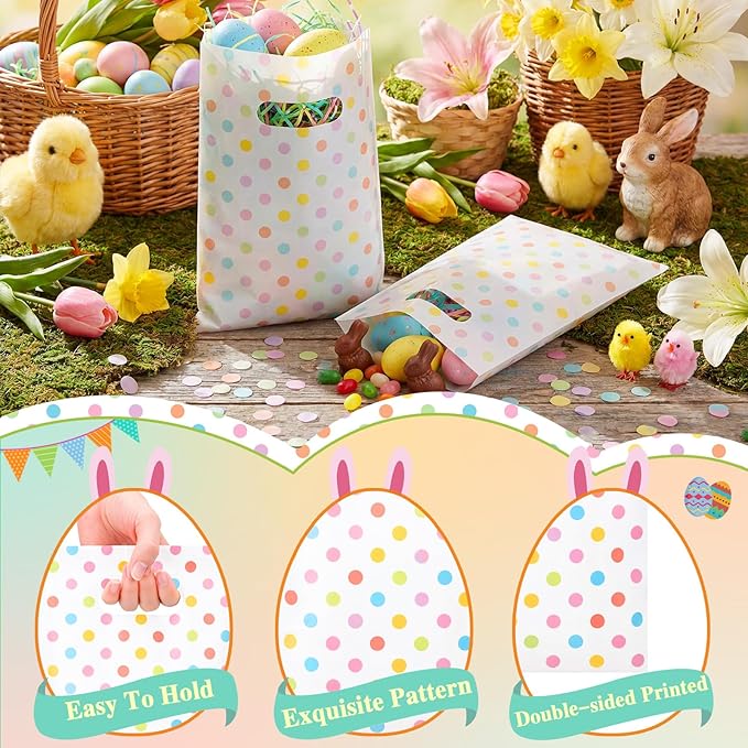 Supervitae 100 Pcs Easter Pastel Gift Bags Polka Dots Party Favor Plastic Bags Bulk with Handles for Birthdays Weddings Snacks Goodie Candy Treat Easter Party Supplies