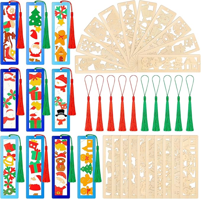 Yexiya 100 Pcs/50 Set Christmas DIY Wooden Bookmarks Bulk for Book Lovers, Christmas Bookmarks Decorations, Santa Snowman Elk Gingerbread Book Markers, Xmas Birthday Holiday Gift Art Project