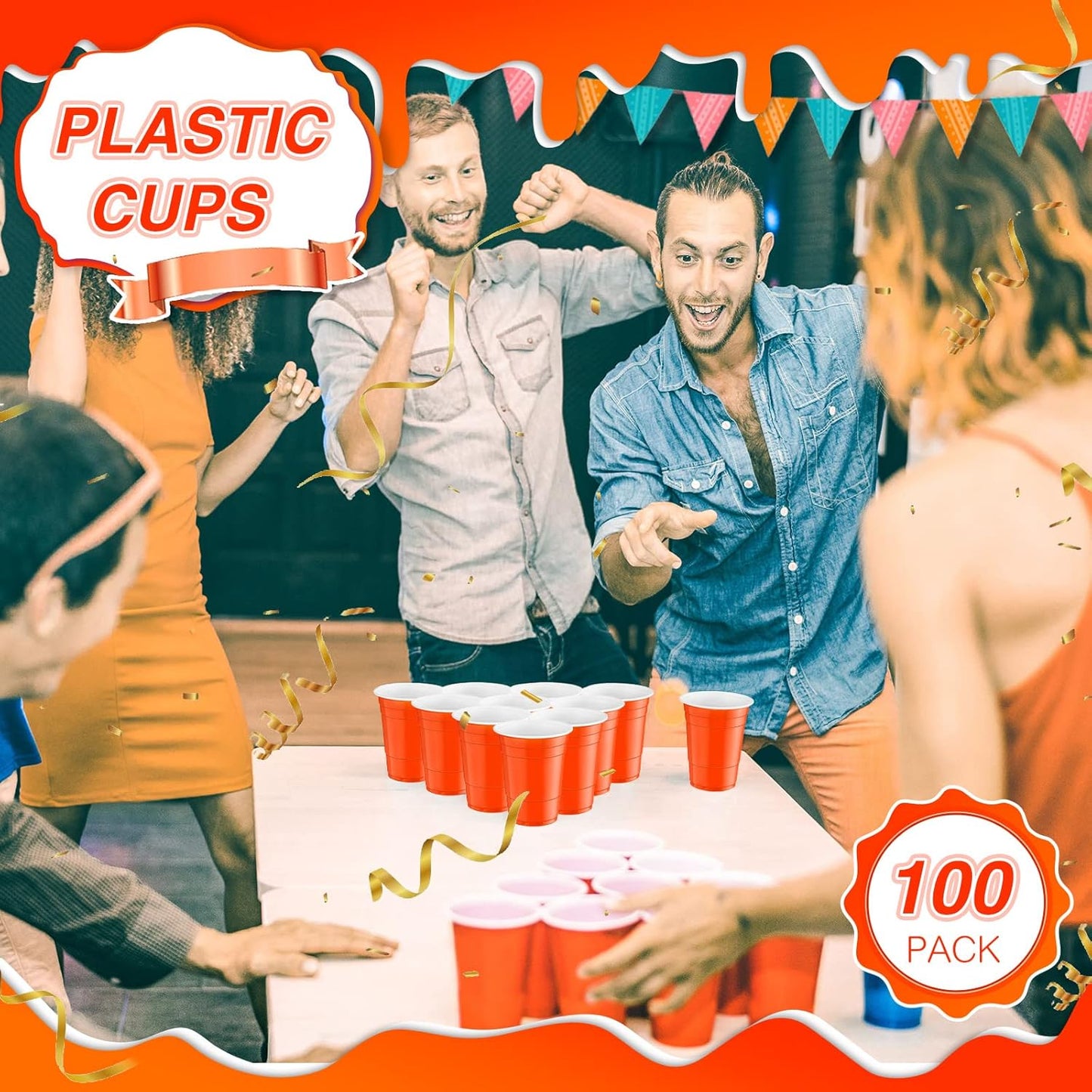 Lounsweer 100 Pack 16 Ounce Christmas Plastic Party Cups Disposable Heavy Duty Drinking Water Cups for Holiday Christmas Festival Wedding New Year Birthday Party Supplies(Orange)