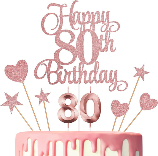 80th Birthday Cake Decorations, 80th Birthday Candles Cake Numeral Candles and Glitter Happy 80th Birthday Cake Toppers Set for Birthday Party Supplies (Rose Gold)