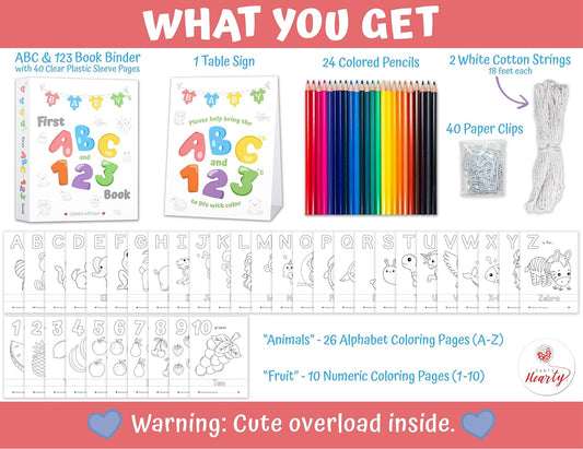 Party Hearty Baby's First ABC & 123 Book Baby Shower Activity, Guest Book Alternative with Alphabet Coloring Pages, Educational Keepsake & Activities for Guests - Baby Shower Games Craft Kit