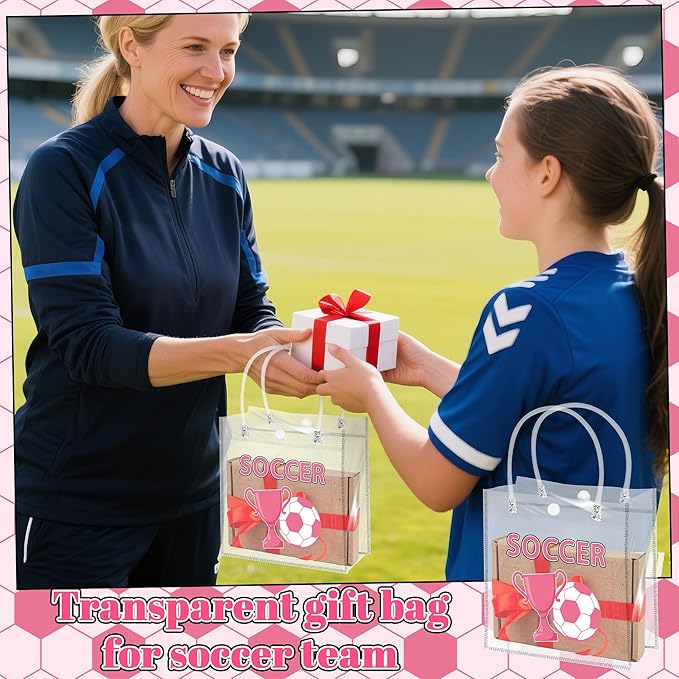 H1vojoxo Pink Soccer Gift Bags - 24PCS Pink Soccer Clear Goodie Bags with Handle 7.9x3.2x7.9 Inch Clear PVC Treat Bag for Team Girls Ball Themed Candy Snack Goody Bag for Sport Birthday Party Favor